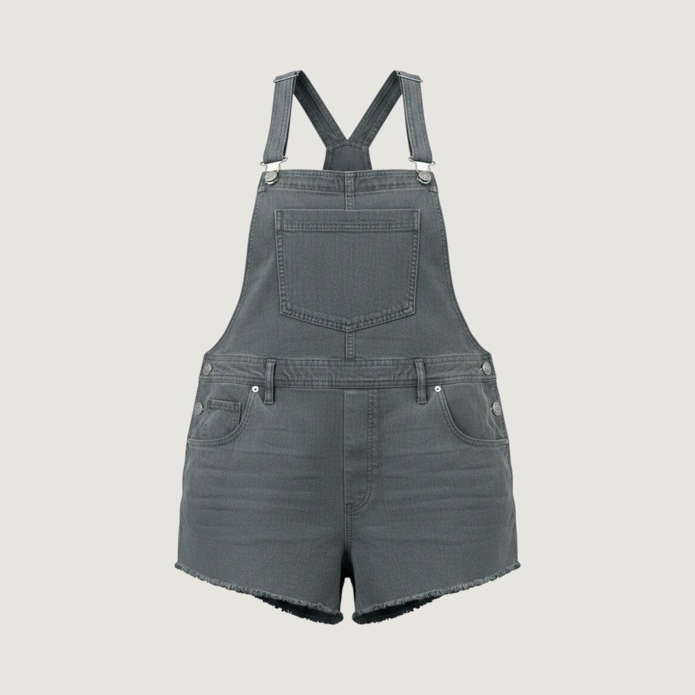 Aerie Charcoal Gray Denim Shortall Overalls Raw Hem Large Indie Grunge Denim